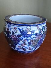 Vintage Asian Porcelain Planter Vase Floral Blue, Green, Pink W/Gold Trim picture