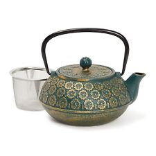 Classic Cast Iron Tea Pot with Kettle Stainless Steel Infuser 34oz, Green Floral picture