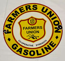 VINTAGE FARMERS UNION 12” PORCELAIN SIGN CAR GAS OIL TRUCK GASOLINE picture