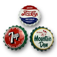 Pepsi, 7up & Mountain Dew Die Cut Metal Tin Bottle Cap Wall Decor Vintage Style picture