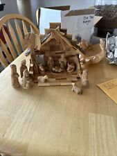 Hand Carved Olive Wood Nativity Scene Manger Stable Palm Tree Christmas Israel picture
