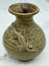 Vintage Olive Green Pottery Bud Vase Raised Gecko Lizard Salamander 3” OOAK picture