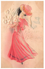 Easter Greetings Beautiful Woman Pink Flowers Embossed Antique Postcard 1909 picture