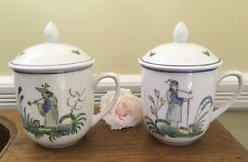 Tea for 2 Porcelain Mugs-Cups with Lids ~ White & Blue Floral & Chinese Gardner picture
