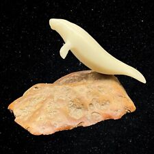 Vintage 1986 John Perry White Carved Wood Seal Figurine Signed 2.5”T 3.75”W picture