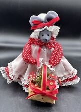 Vintage Handmade Anthropomorphic Mouse In Red Dress & Bonnet Carrying Flowers picture