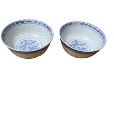 Two vintage Chinese rice eye blue white porcelain bowls (Lot of 2) picture