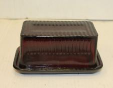 Large Dark Red Glass Butter Dish Embossed Retro Depression Style picture