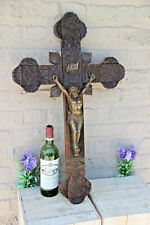 Antique XL French oak carved religious Crucifix brass christ  picture