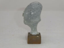 VINTAGE CARVED STONE MAN/WOMAN HEAD ON SOLID BRASS BASE SMALL FIGURINE FOLK ART picture