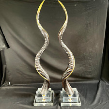 Two African Safari metal gold lined Horn Sculptures with Stands 40'' picture