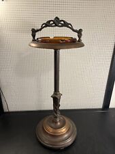 Vintage Cast Iron Brass Amber Glass Serpent Snake Cobra Ashtray Smoking Stand picture