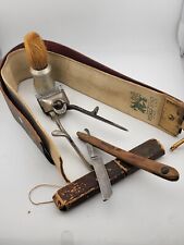 Antique Barber Shaving Kit Circa 1920, Horse Hide Sharpener, Blade, Razor, Brush picture