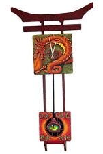 Vintage Asian Style Raised Painted Dragon Wooden Pendulum Clock Battery 38