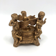 VTG Teleflora Decorative Gold Gilt Three Cherubim Angels Taper Candle Holder picture