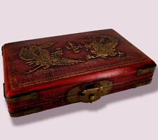 Vintage Chinese Red Leather Wood Box Nude Scene Inside 