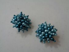 Plastic Bead Cluster Clip Earrings Vintage 2 Tone Blue Unusual Color Clip-On picture