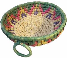 Vintage Handwoven Round Boho Basket Green Pink Purple & Brown Mini Basket picture