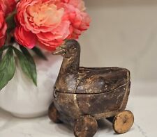 (RARE) ANTIQUE HAND-CARVED MADE PAINTED WOOD DUCK ON WHEELS W/HIDDEN COMPARTMENT picture