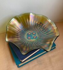 Vintage Iridescent Green Carnival Glass Ruffled Dish Bowl 8 inch diameter picture