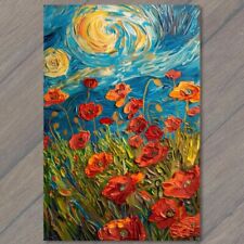 POSTCARD Whimsical Flowers Sun Starry Day Red Paint Colorful Unreal Strange Cute picture