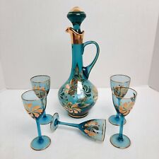 VTG Hungarian Hand Blown Teal Blue Decanter Stopper 5Cordial Glasses Gold Gilt picture