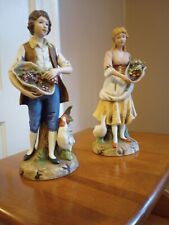 Vintage Homco Figurines Set #1401 Young Man And Woman With Fruit Baskets & Fowl picture