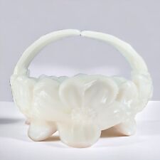 Westmoreland Hand Made Milk Glass 3D Floral Motif Split Handle Round Basket VTG picture
