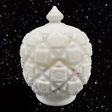 Westmoreland Old Quilt Milk Glass Lidded Candy Dish Hand Painted 6”T 5”W picture