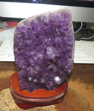 BRAZIL AMETHYST CRYSTAL  CLUSTER  CATHEDRAL W/  POLISHED RIM; WOOD STAND picture
