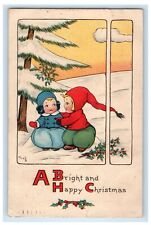 1915 Christmas Two Girls Pine Tree Covered Snow Winter Holly Berries Postcard picture