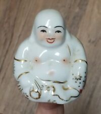 Vtg Chinese Hand Painted Porcelain Laughing Buddha Figurine Gold Accent 2” Tall picture