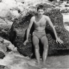 Vintage gay int photo handsome guy slender young man swimming beach bulge +7144 picture