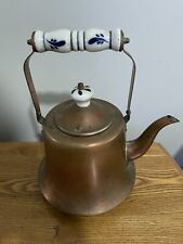 Vintage Copper Tea Kettle Pot With Ceramic Blue And White Handle And Knob picture