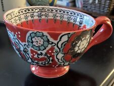 Anthropologie Elka Ayaka Red White Floral Twisted Handle Footed Boho Mug Cup picture