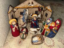 Vintage Handmade Fabric Nativity Set Stuffed Manger Scene Christmas Cradle Hymn  picture