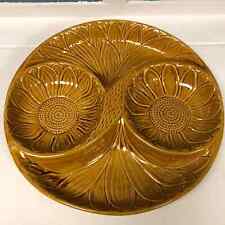 Vtg 13” orange Brown Floral Divided Round Tray Chips & Dip California Pottery picture