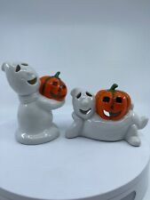 VTG Midwest Halloween Ceramic Ghost Pumpkins Tea Light Candle Set of 2 picture