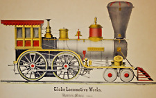 Vintage train print framed Globe Locomotive Works Boston hand-colored picture