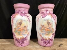Pair 12.5” Antique Vtg Victorian Bristol Glass Mantel Vases Sevres Limoges Style picture