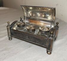 antique 19th century silverplated copper 3 glass jar desk inkwell stand holder picture