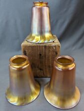 3 Rare Gold Aurene Quezal Art Glass Squash Blossom Trumpet Shades 2 1/8