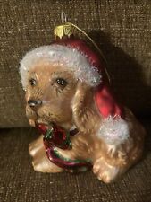 Golden retriever, puppy, dog glass, Christmas tree ornament, red Santa hat picture