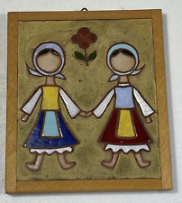 Helen Michaelides E. Mixandidou Signed Wood Framed Tile   Girls Holding Hands picture
