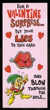 Vintage Valentines Day Card Retro LEPRECHAUN GNOME LIPS & BLOW THRU HOLE NOS picture