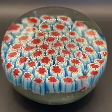 Vintage Murano Millefiori Art Glass Paperweight Turquoise Red White Flowers LG picture