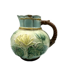 Samuel Lear Pond Lily Majolica Pitcher Rope Handle 1880s Antique AS #1 picture