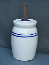 Vintage Small Blue Stripes Crock Pottery Butter Churn & Lid & Dasher 6 1/2