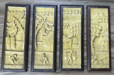 Hand Carved Asian Resin Wood Wall Art Village Scene Lot of 4 picture