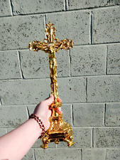 High Polished Church Brass Ornate Standing Scrollwork Altar Crucifix 16.25 In picture